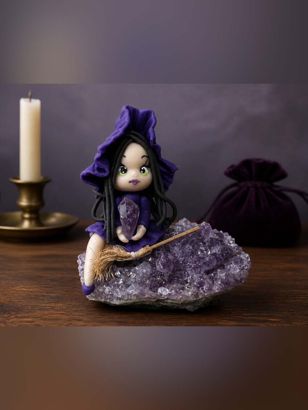 Amethyst Crystal Sitting Witch With Broom Doll Cute (READ PLEASE)